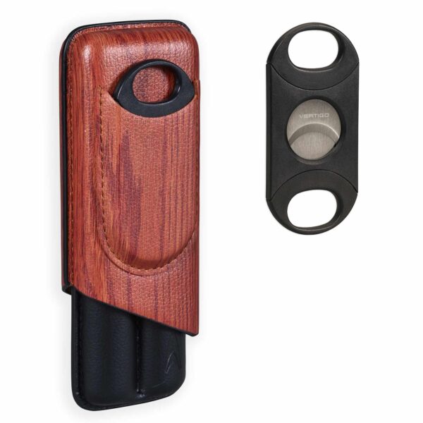 Cigar cutter and case with wood texture print gift set